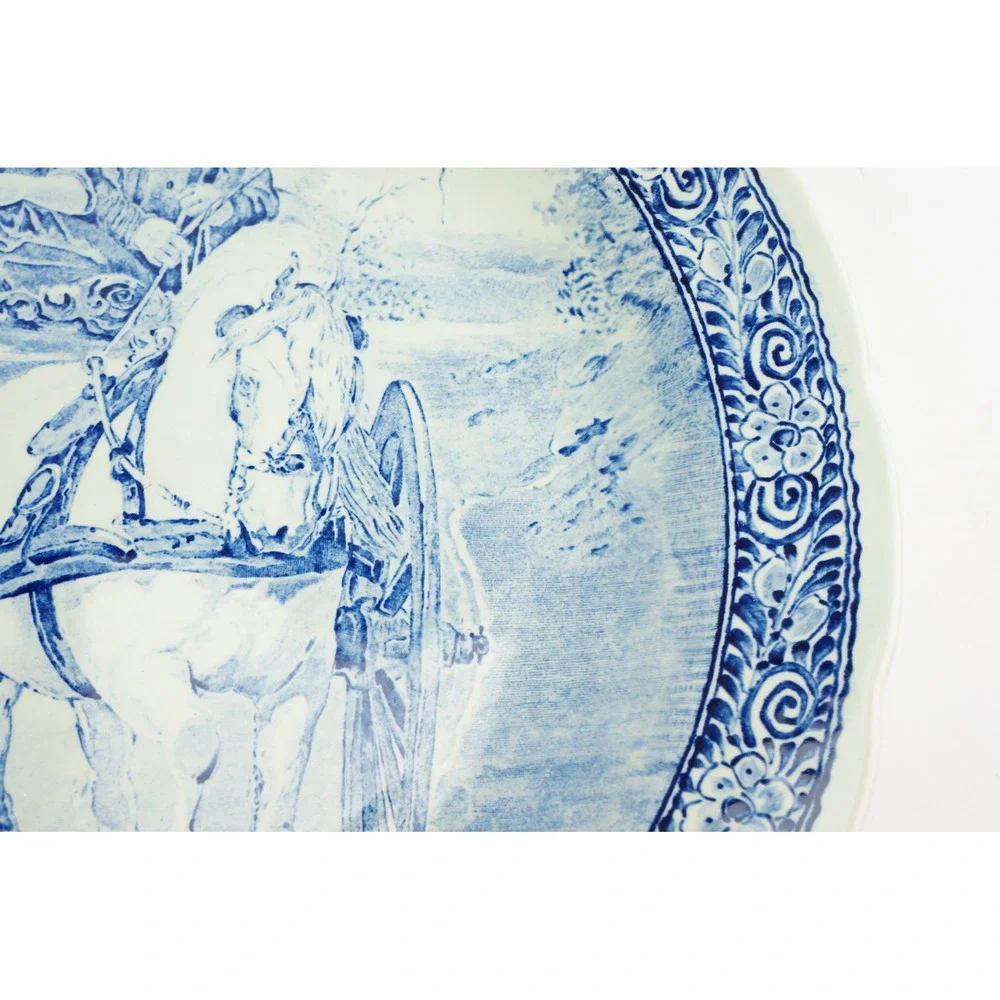VGC Boch Freres Delfts Charger Plate Blue White Horse Carriage Scalloped Rim 16